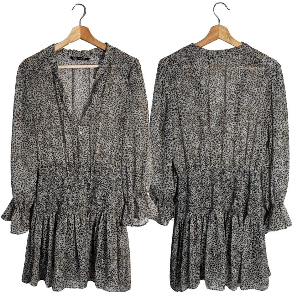 Zara Long Sleeve Animal Print Smocked Mini Dress Women's Medium Brown Sheer Sexy - Picture 4 of 16